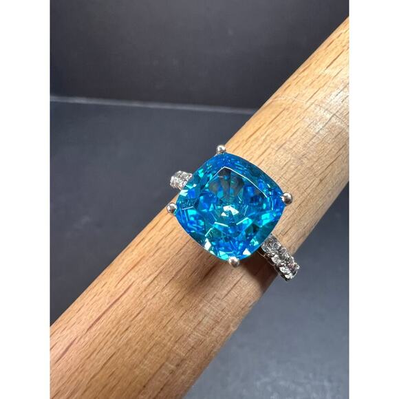 Aqua blue CZ sterling silver ring size 8 - Picture 1 of 16